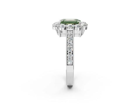 White gold Fancy Green Emerald Cut Cut Halo Diamond Pavé Engagement Ring with Milgrain Detailing_14