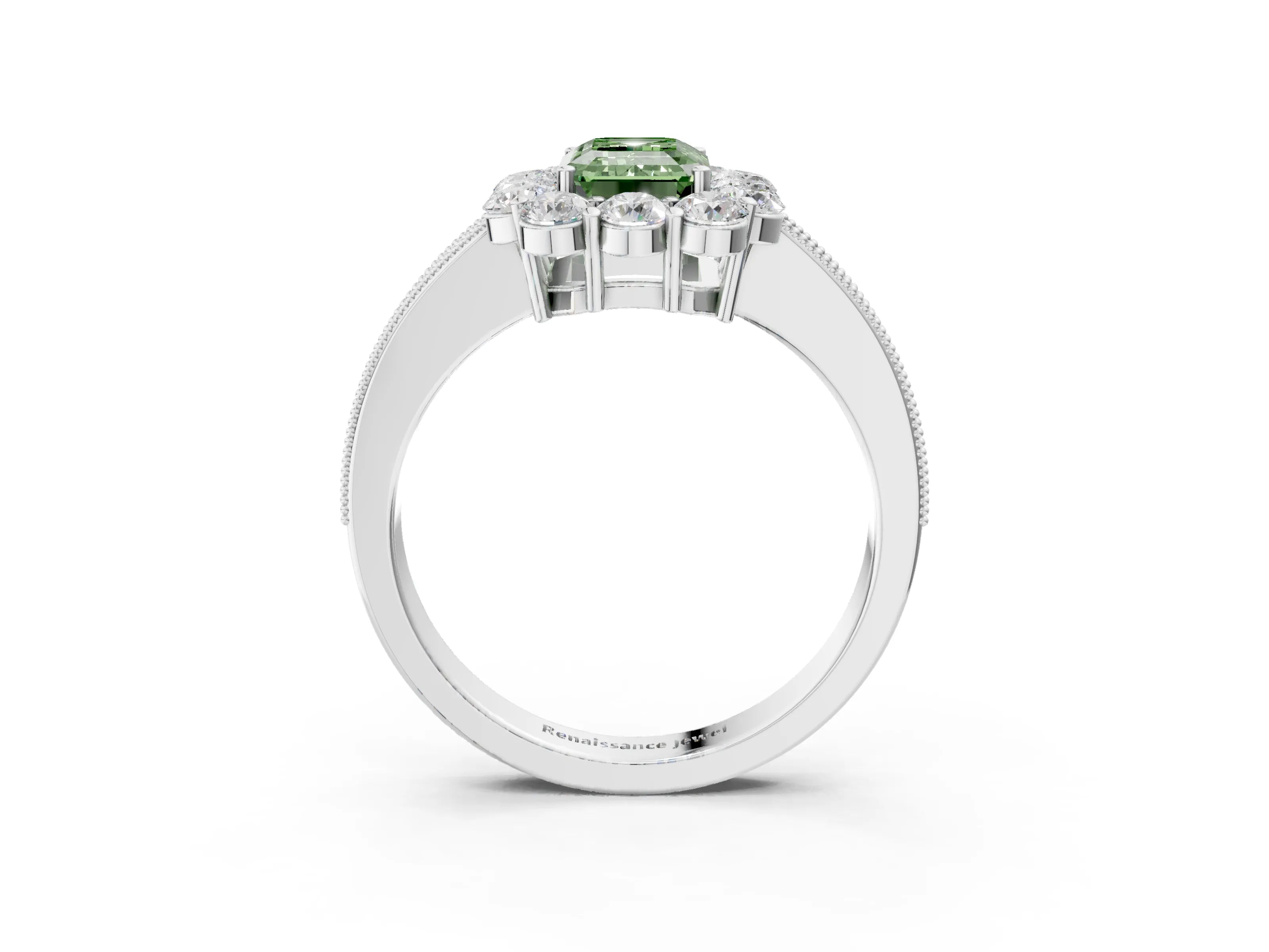 White gold Fancy Green Emerald Cut Cut Halo Diamond Pavé Engagement Ring with Milgrain Detailing_15