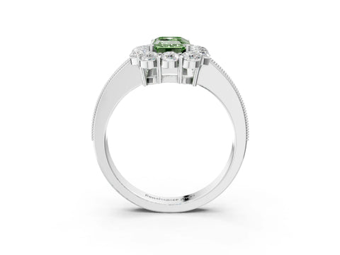 White gold Fancy Green Emerald Cut Cut Halo Diamond Pavé Engagement Ring with Milgrain Detailing_15
