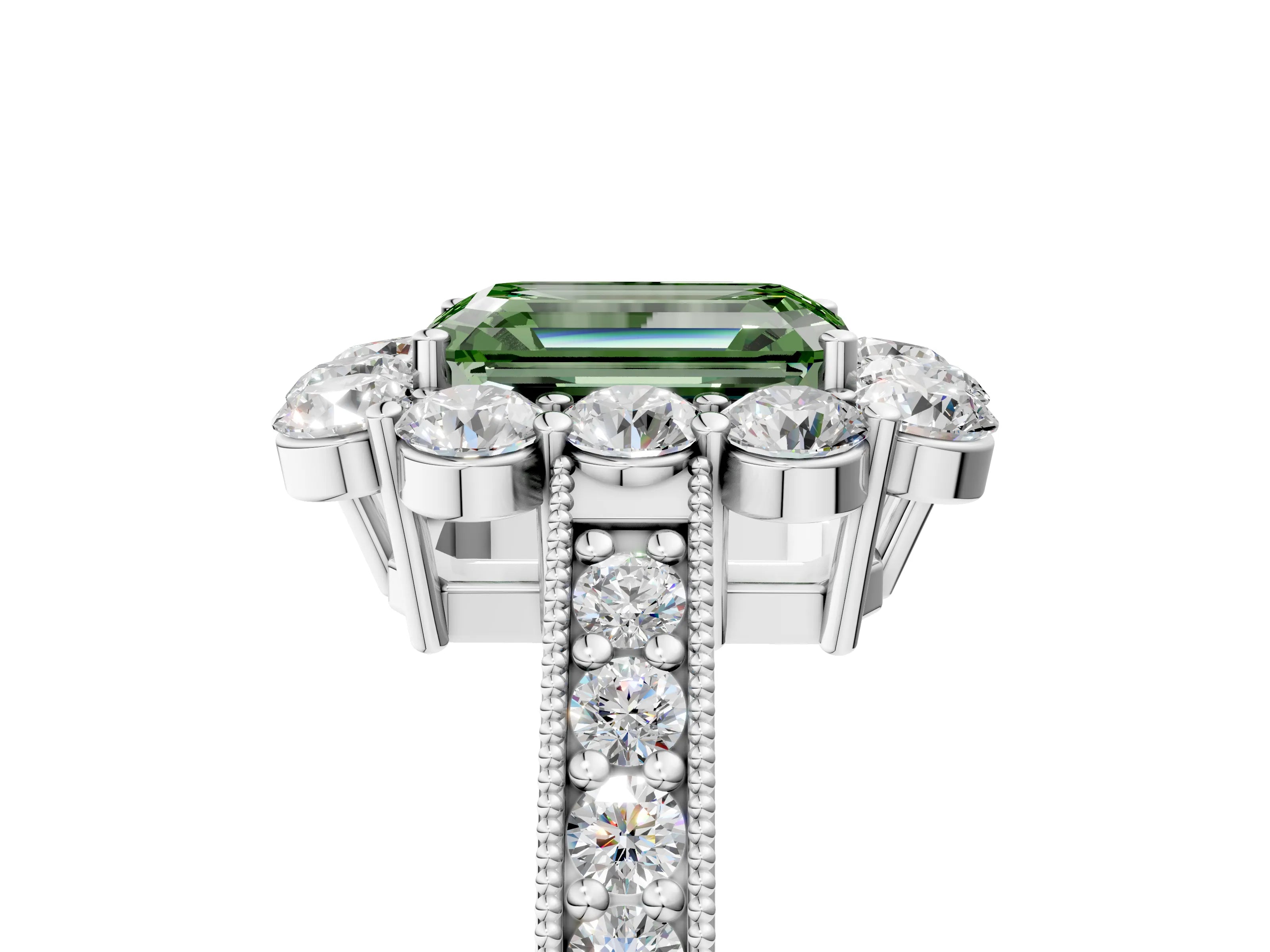 White gold Fancy Green Emerald Cut Cut Halo Diamond Pavé Engagement Ring with Milgrain Detailing_17