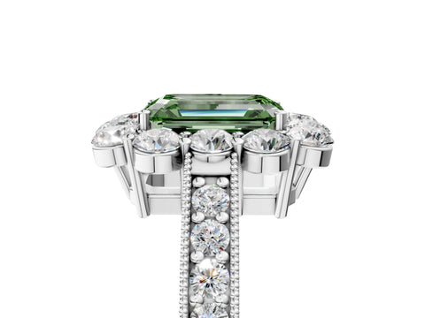White gold Fancy Green Emerald Cut Cut Halo Diamond Pavé Engagement Ring with Milgrain Detailing_17