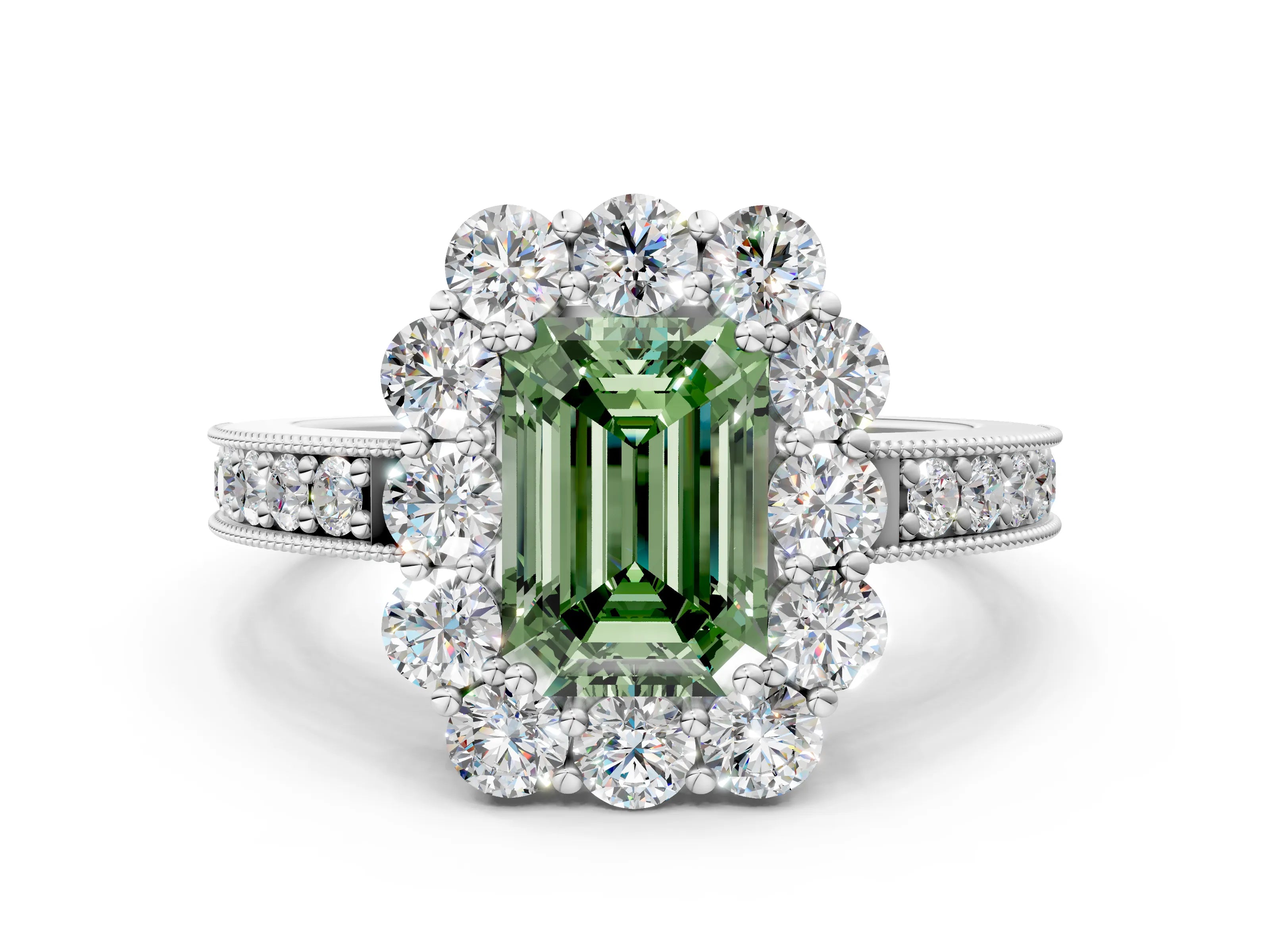 White gold Fancy Green Emerald Cut Cut Halo Diamond Pavé Engagement Ring with Milgrain Detailing_24