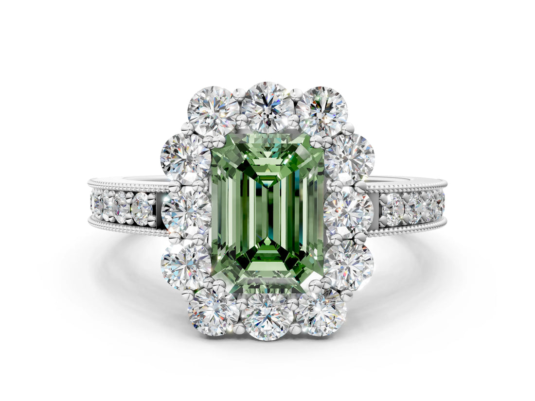 White gold Fancy Green Emerald Cut Cut Halo Diamond Pavé Engagement Ring with Milgrain Detailing_24
