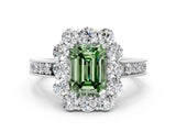 White gold Fancy Green Emerald Cut Cut Halo Diamond Pavé Engagement Ring with Milgrain Detailing_24
