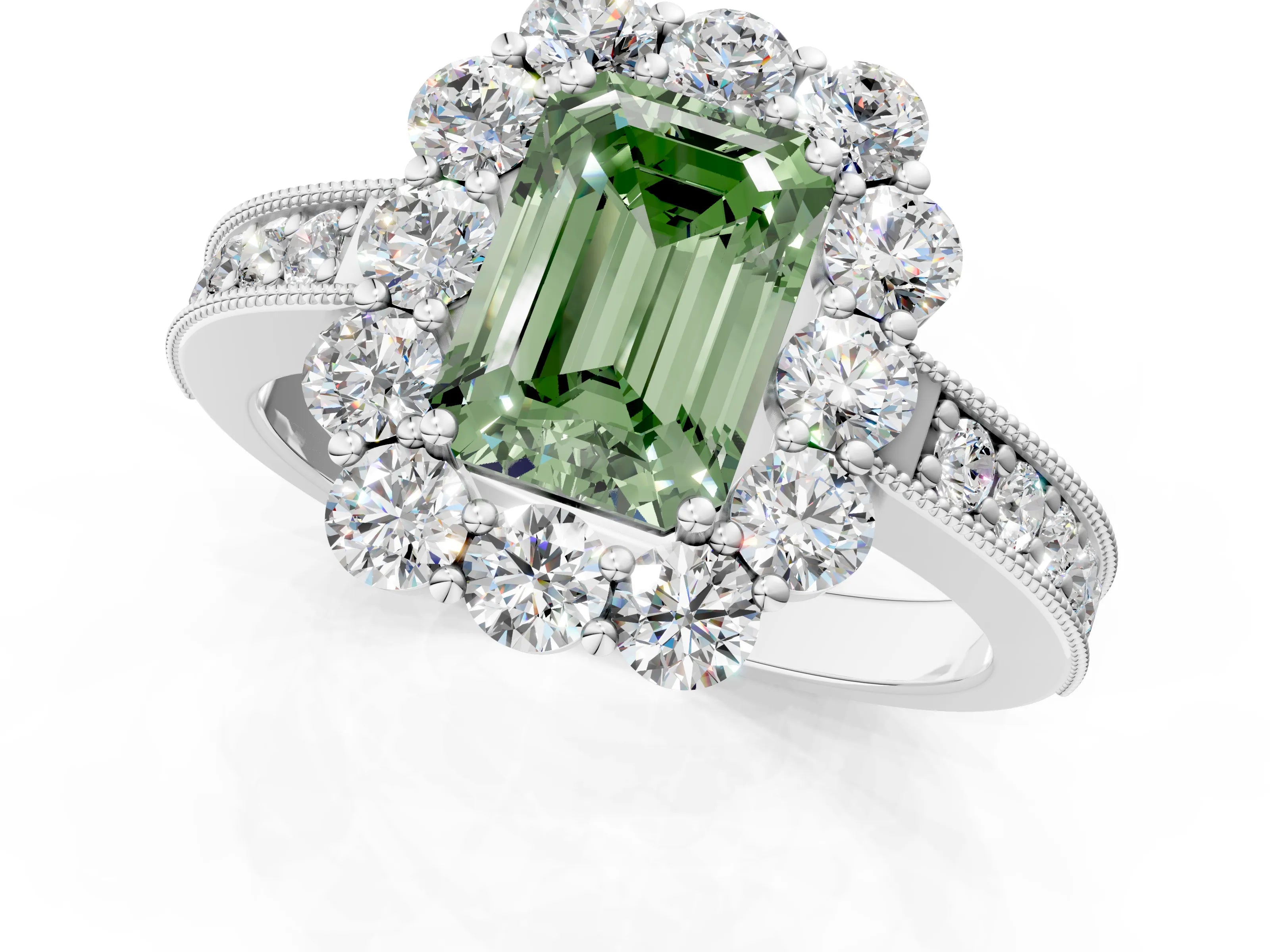 White gold Fancy Green Emerald Cut Cut Halo Diamond Pavé Engagement Ring with Milgrain Detailing_25