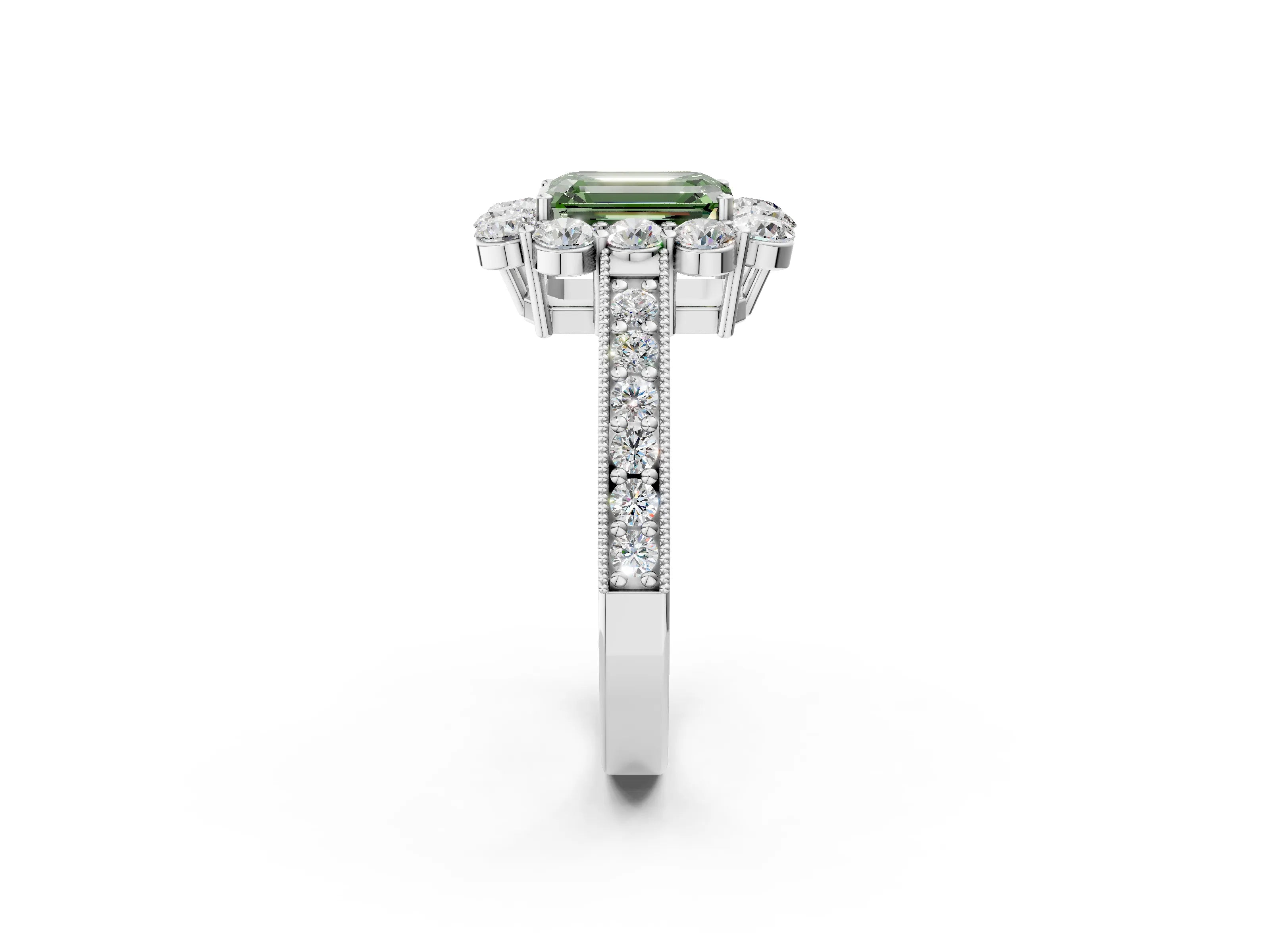 White gold Fancy Green Emerald Cut Cut Halo Diamond Pavé Engagement Ring with Milgrain Detailing_26