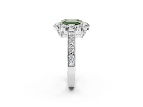 White gold Fancy Green Emerald Cut Cut Halo Diamond Pavé Engagement Ring with Milgrain Detailing_26