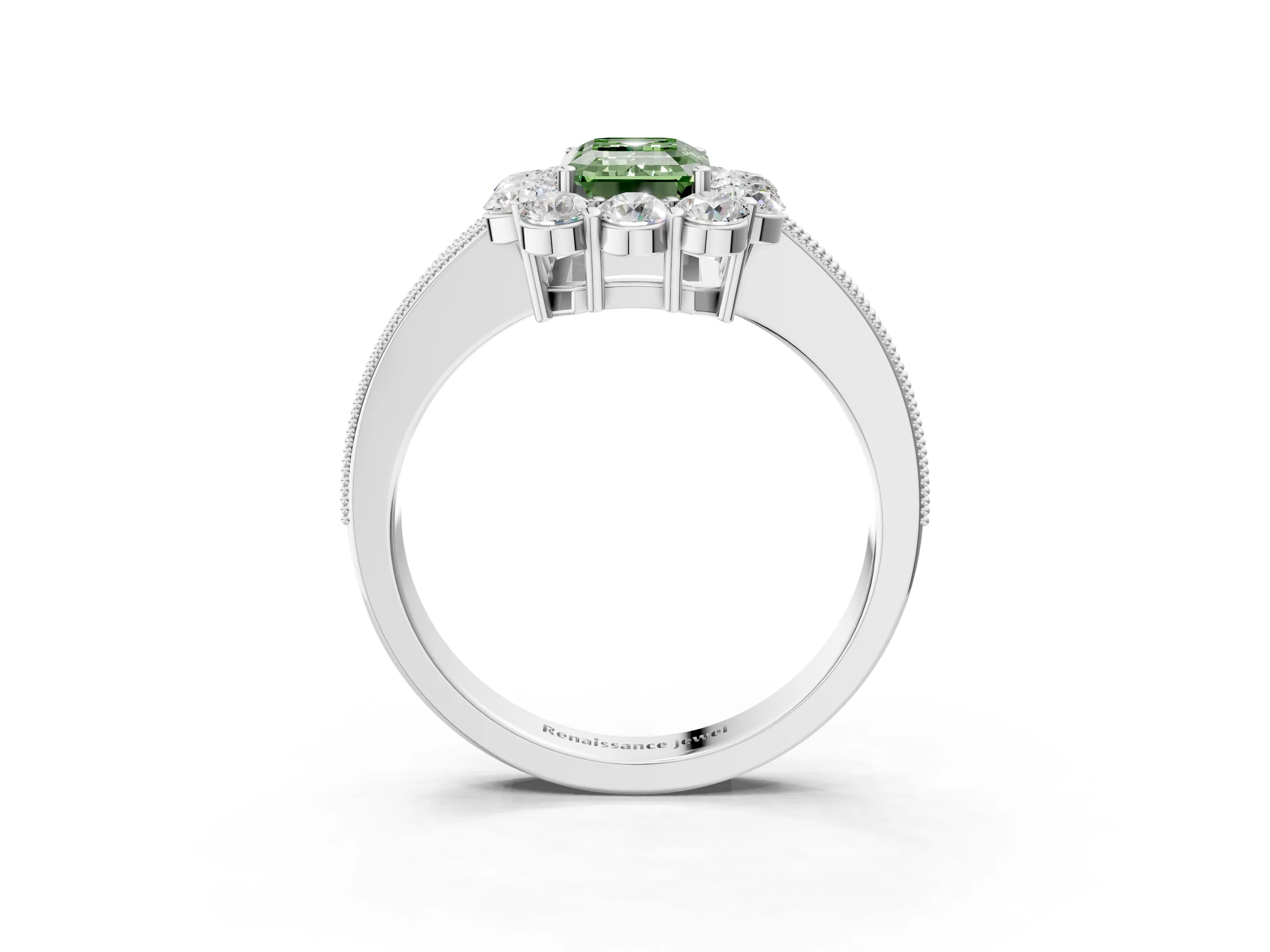 White gold Fancy Green Emerald Cut Cut Halo Diamond Pavé Engagement Ring with Milgrain Detailing_27