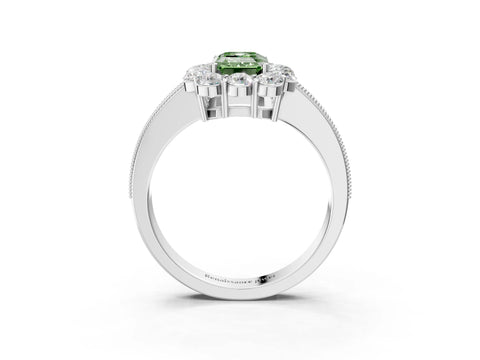 White gold Fancy Green Emerald Cut Cut Halo Diamond Pavé Engagement Ring with Milgrain Detailing_27