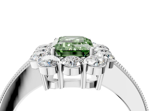 White gold Fancy Green Emerald Cut Cut Halo Diamond Pavé Engagement Ring with Milgrain Detailing_28