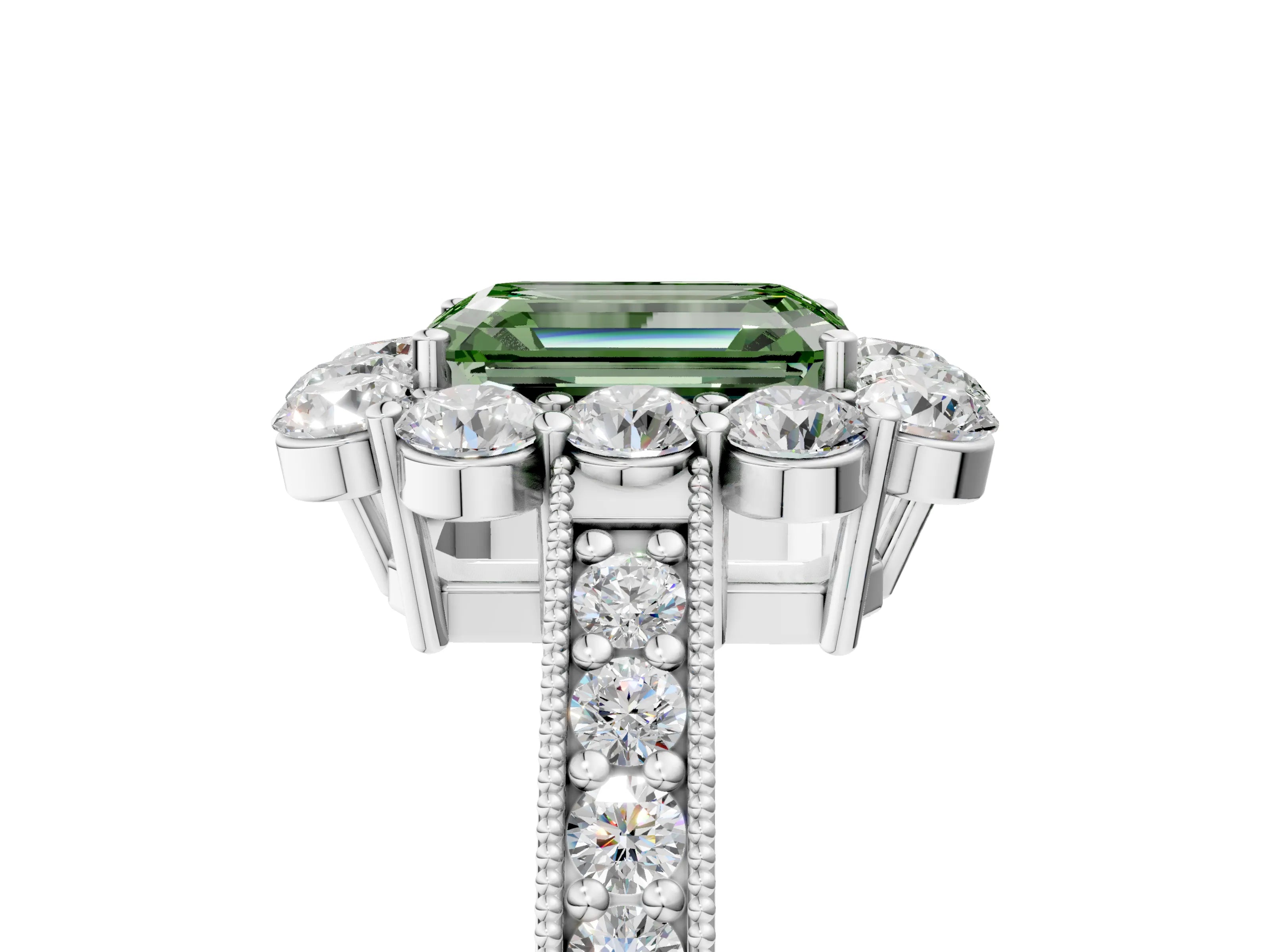 White gold Fancy Green Emerald Cut Cut Halo Diamond Pavé Engagement Ring with Milgrain Detailing_29