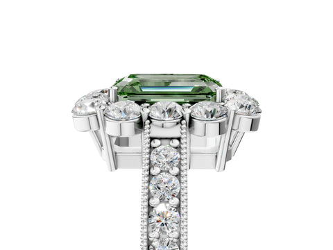 White gold Fancy Green Emerald Cut Cut Halo Diamond Pavé Engagement Ring with Milgrain Detailing_29