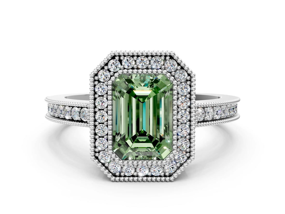 White gold Fancy Green Emerald Cut Cut Halo Pavé Diamond Ring