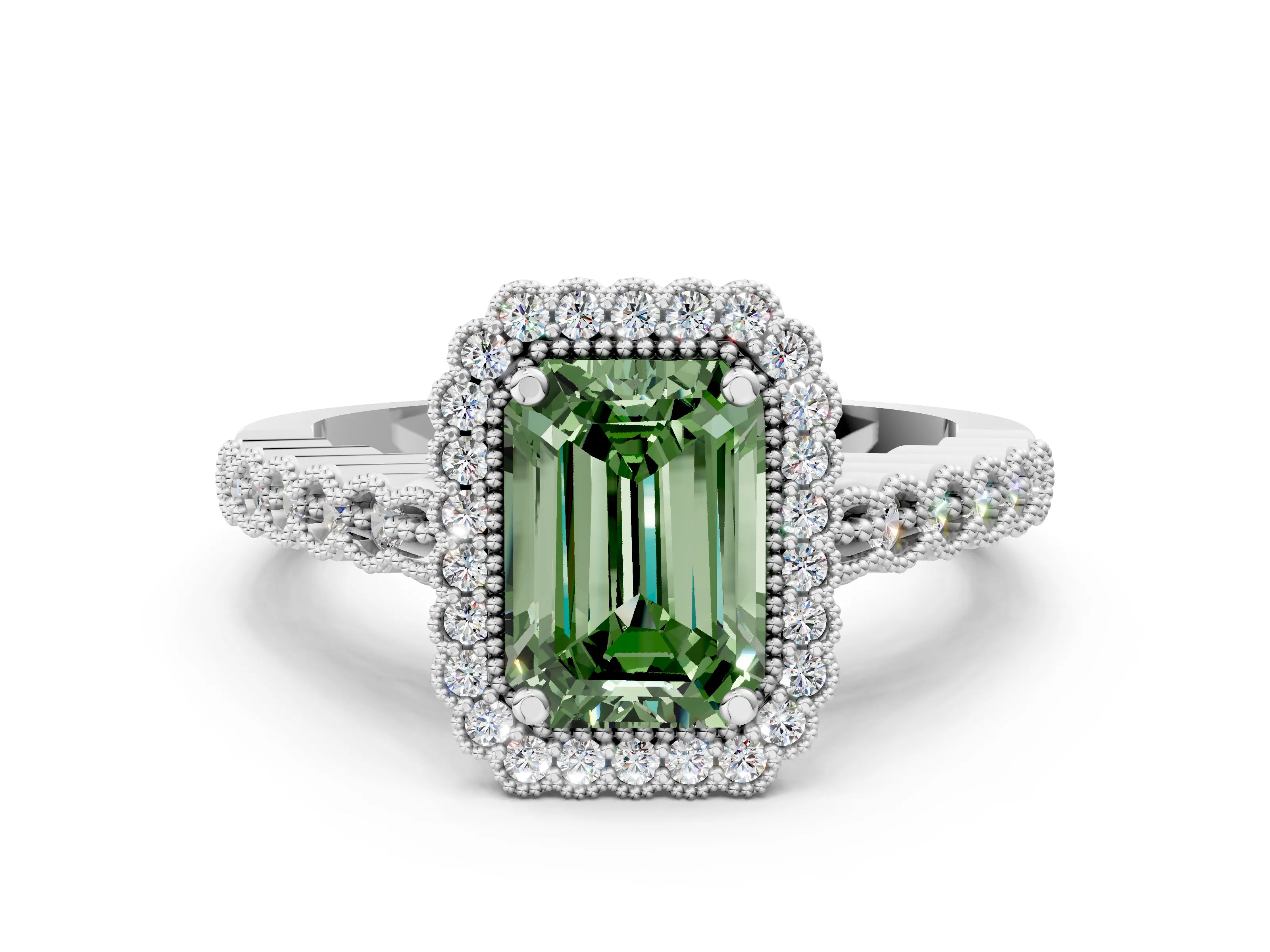White gold Fancy Green Emerald Cut Cut Halo Pavé Solitaire Ring with Milgrain Band_12