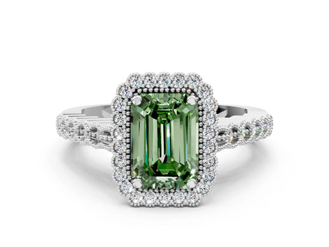 White gold Fancy Green Emerald Cut Cut Halo Pavé Solitaire Ring with Milgrain Band_12