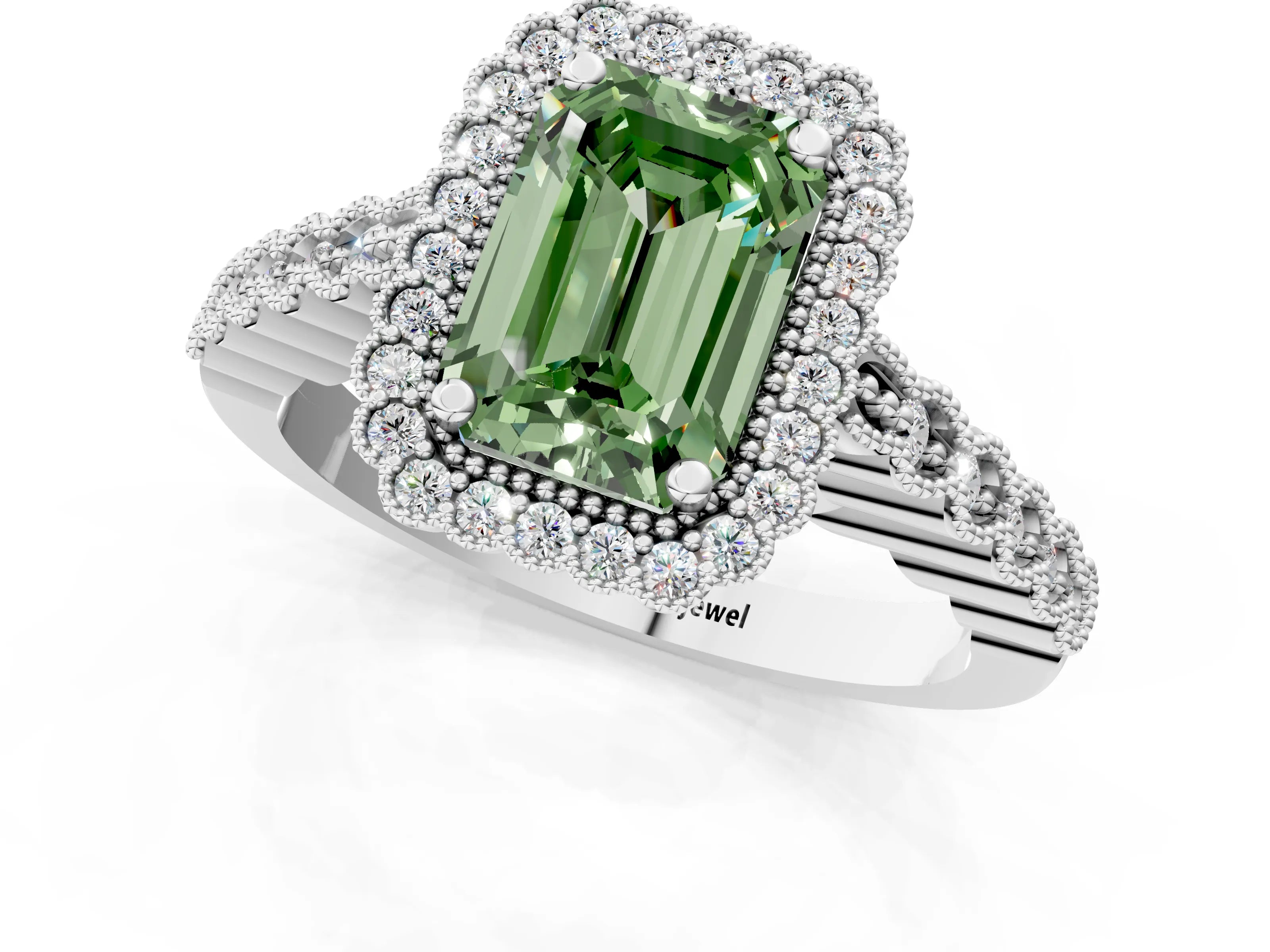 White gold Fancy Green Emerald Cut Cut Halo Pavé Solitaire Ring with Milgrain Band_13