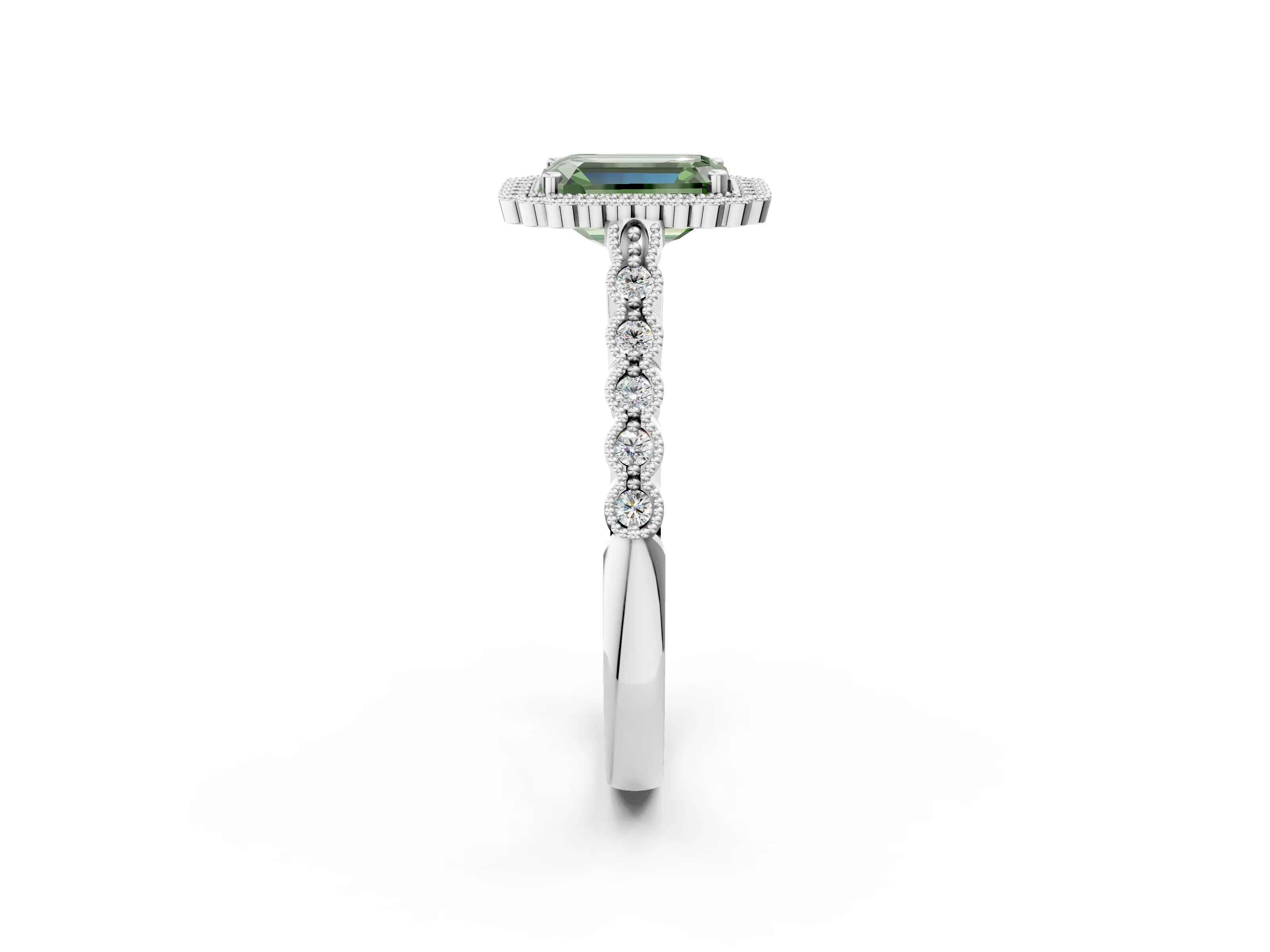 White gold Fancy Green Emerald Cut Cut Halo Pavé Solitaire Ring with Milgrain Band_14