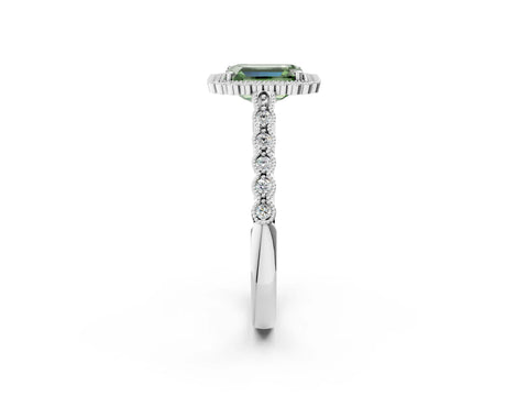 White gold Fancy Green Emerald Cut Cut Halo Pavé Solitaire Ring with Milgrain Band_14
