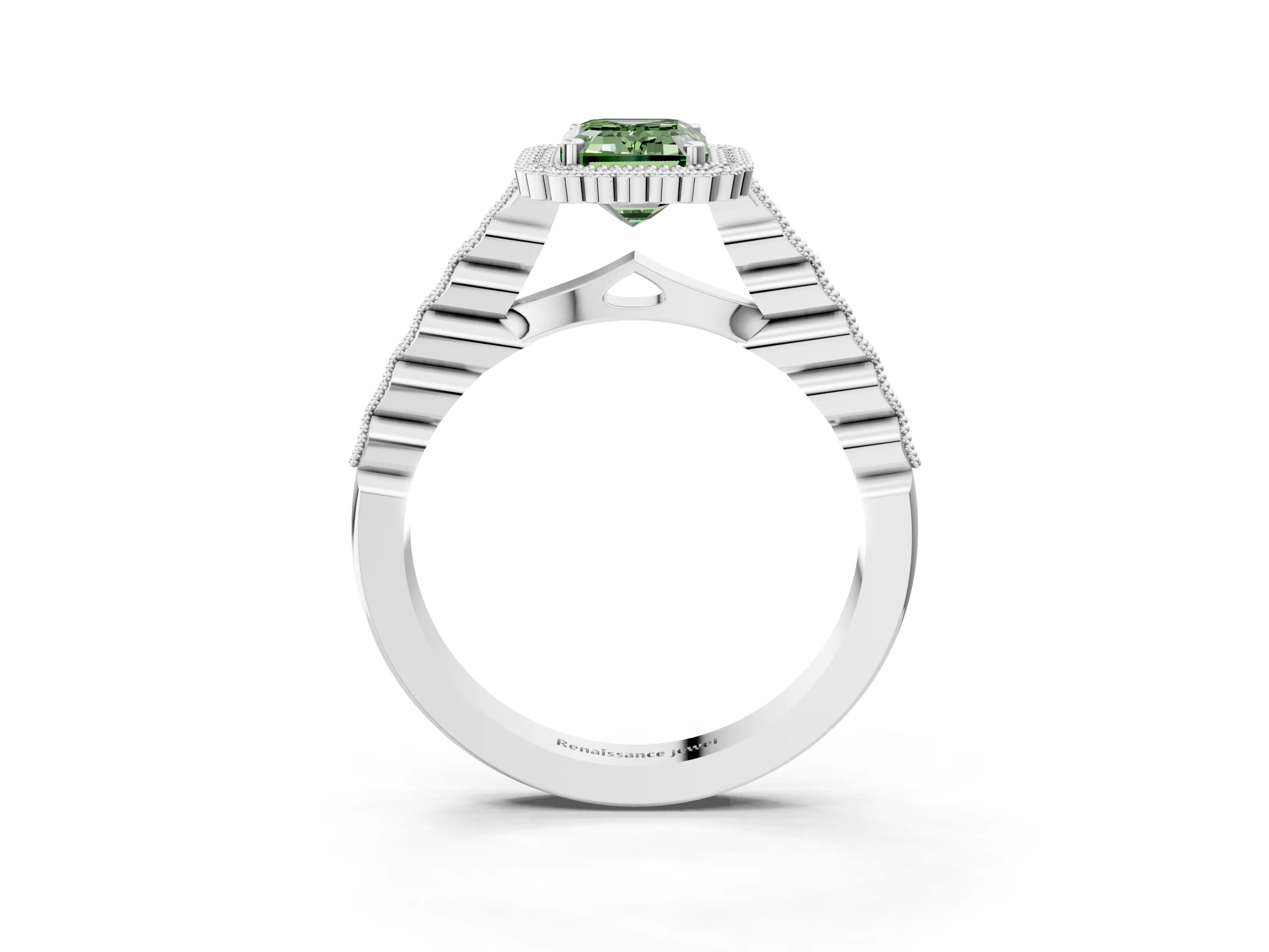 White gold Fancy Green Emerald Cut Cut Halo Pavé Solitaire Ring with Milgrain Band_15