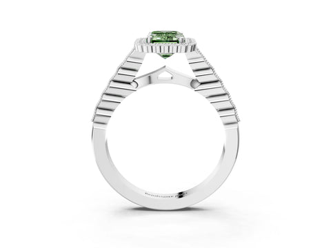 White gold Fancy Green Emerald Cut Cut Halo Pavé Solitaire Ring with Milgrain Band_15