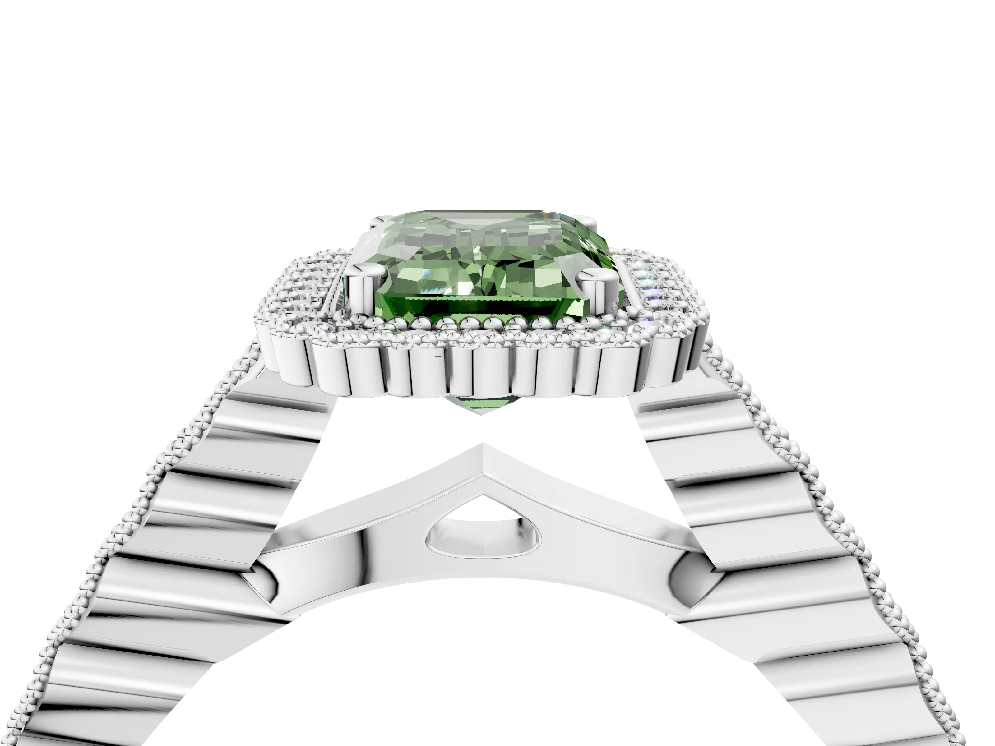 White gold Fancy Green Emerald Cut Cut Halo Pavé Solitaire Ring with Milgrain Band_16