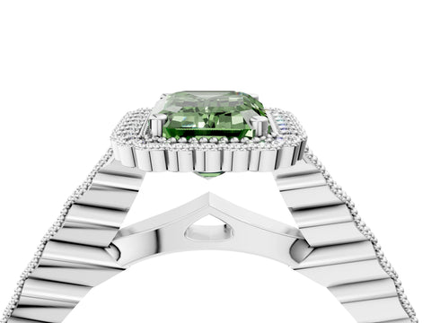 White gold Fancy Green Emerald Cut Cut Halo Pavé Solitaire Ring with Milgrain Band_16