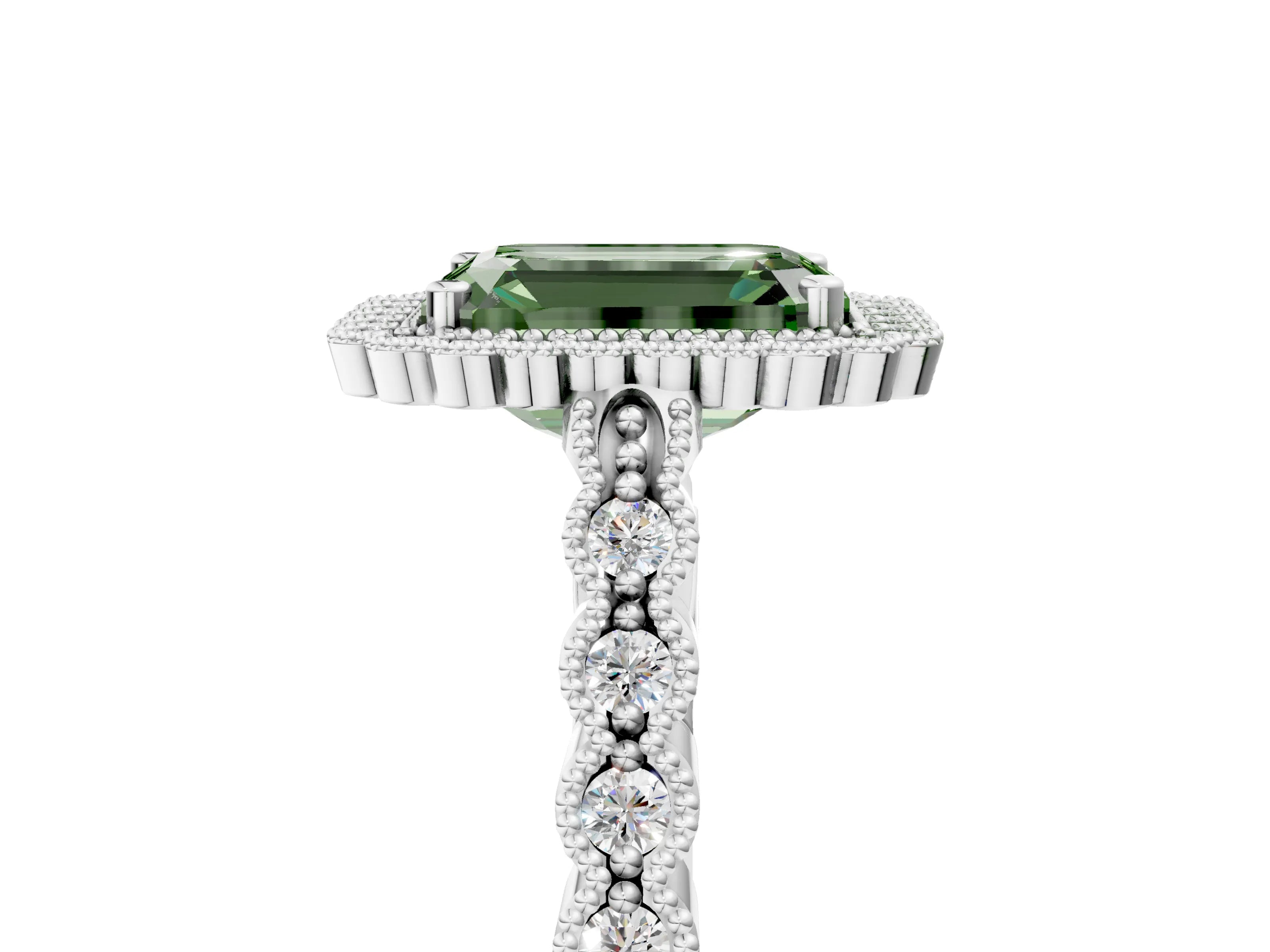 White gold Fancy Green Emerald Cut Cut Halo Pavé Solitaire Ring with Milgrain Band_17