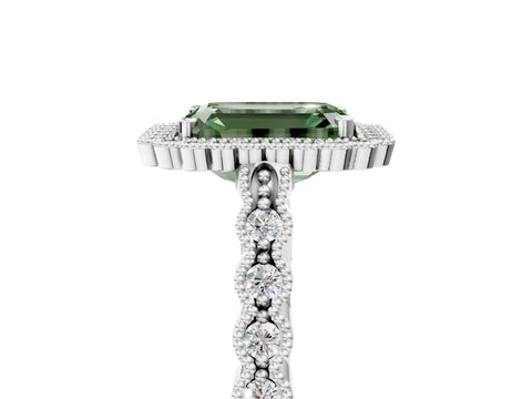White gold Fancy Green Emerald Cut Cut Halo Pavé Solitaire Ring with Milgrain Band_17