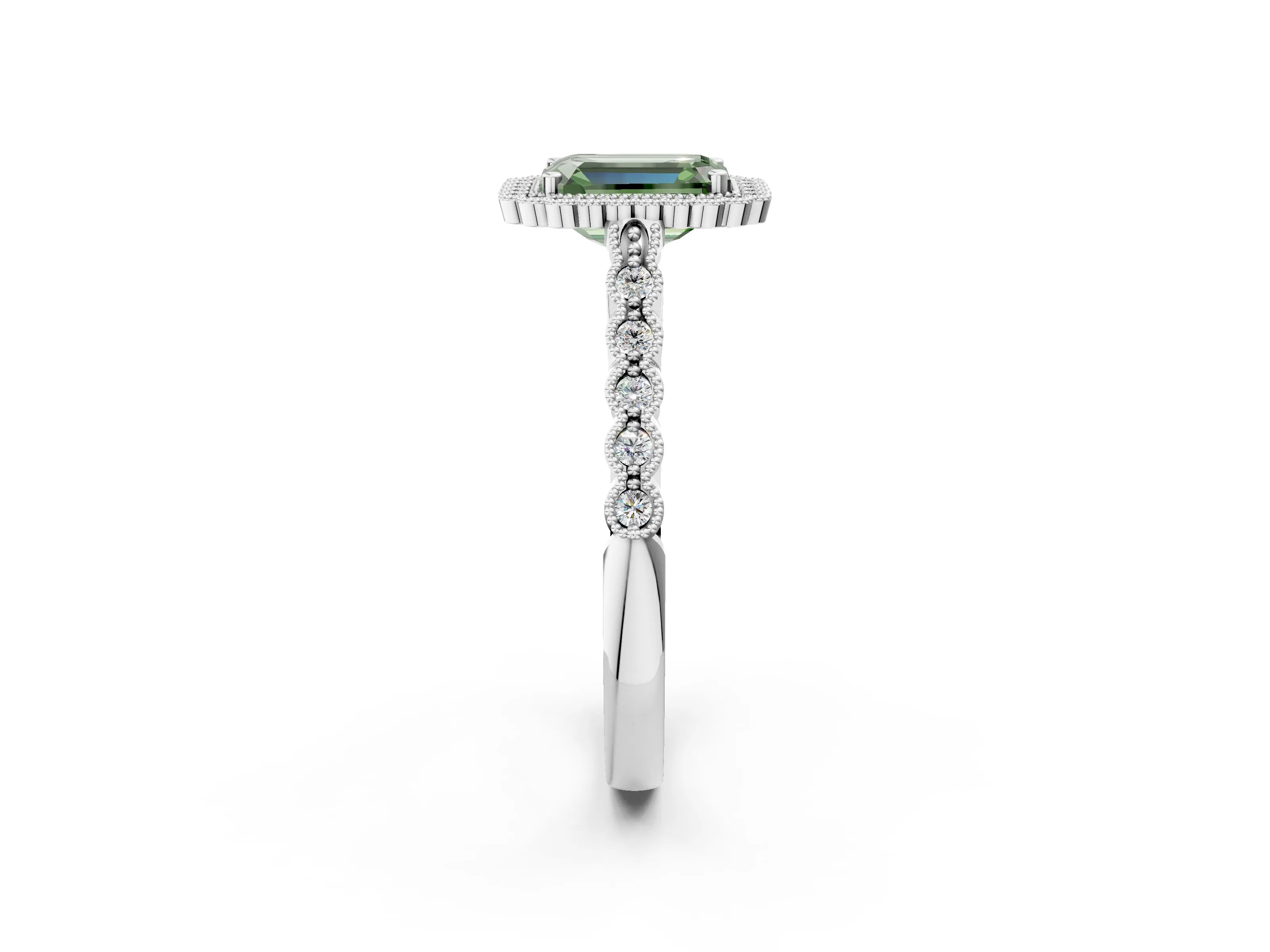 White gold Fancy Green Emerald Cut Cut Halo Pavé Solitaire Ring with Milgrain Band_2