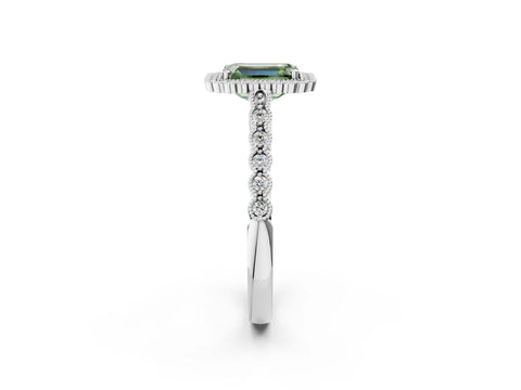 White gold Fancy Green Emerald Cut Cut Halo Pavé Solitaire Ring with Milgrain Band_2