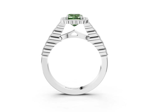 White gold Fancy Green Emerald Cut Cut Halo Pavé Solitaire Ring with Milgrain Band_3