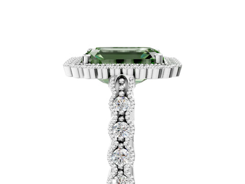 White gold Fancy Green Emerald Cut Cut Halo Pavé Solitaire Ring with Milgrain Band_5