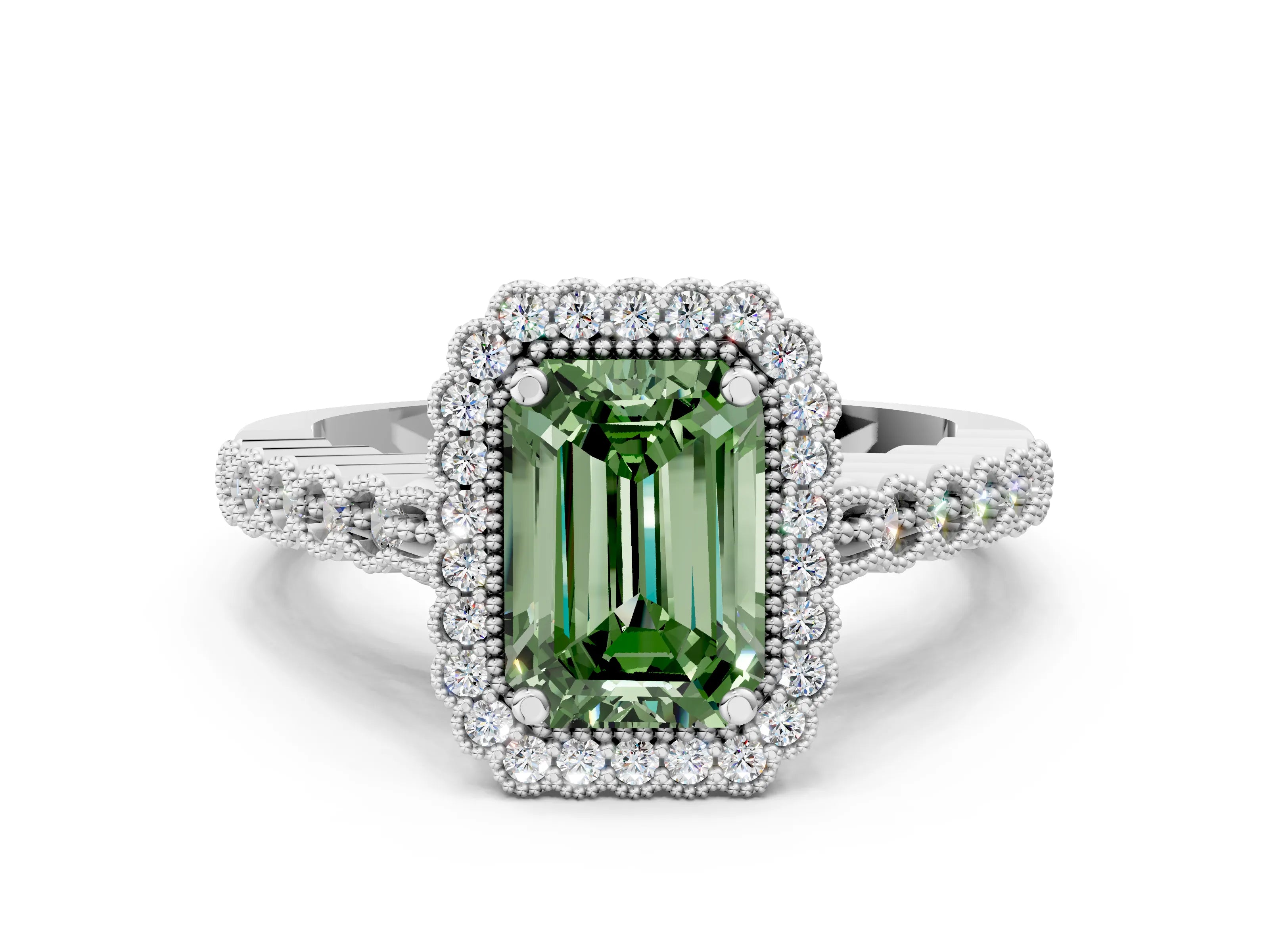 White gold Fancy Green Emerald Cut Cut Halo Pavé Solitaire Ring with Milgrain Band