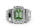 White gold Fancy Green Emerald Cut Cut Halo Split Shank Prong Set Ring