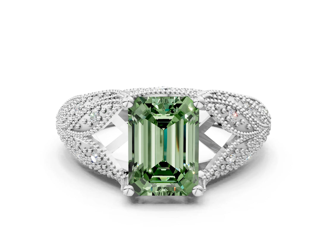 White gold Fancy Green Emerald Cut Cut Milgrain Pave Diamond Engagement Ring with Four-Prong Setting_15