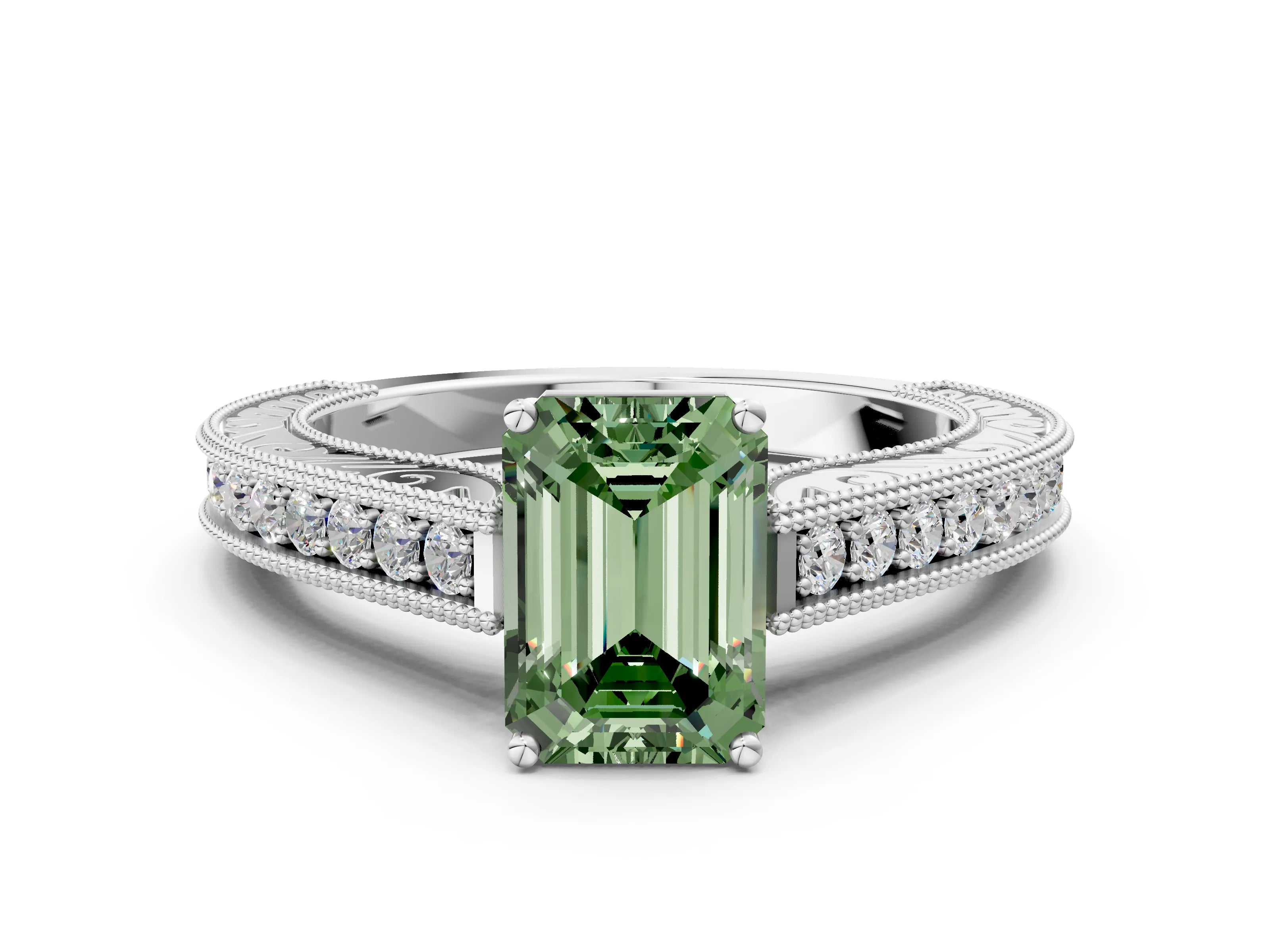 White gold Fancy Green Emerald Cut Cut Pave Band Milgrain Solitaire Ring