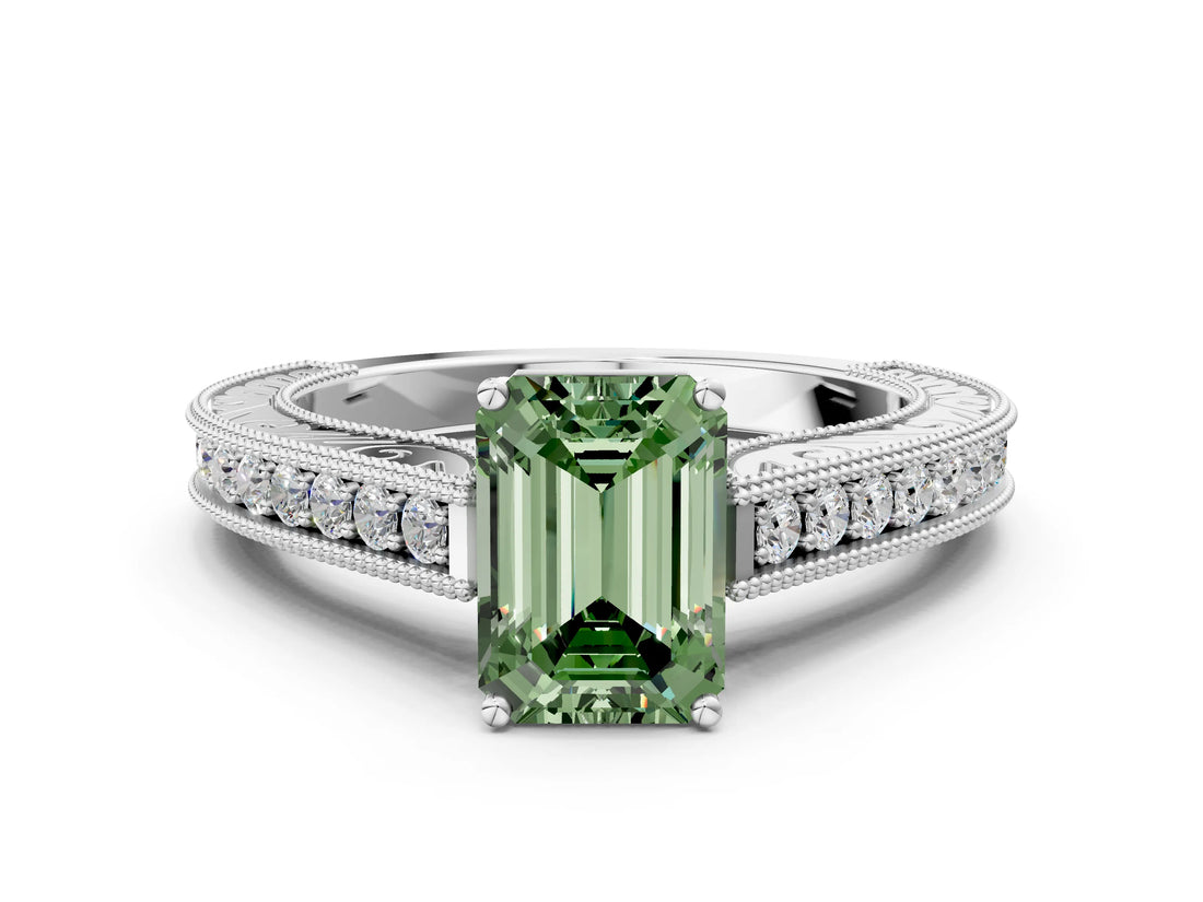 White gold Fancy Green Emerald Cut Cut Pave Band Milgrain Solitaire Ring