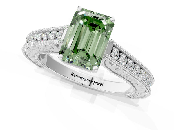 Platinum Emerald Cut Vintage Pave Engagement Ring Setting for Fancy Green Center