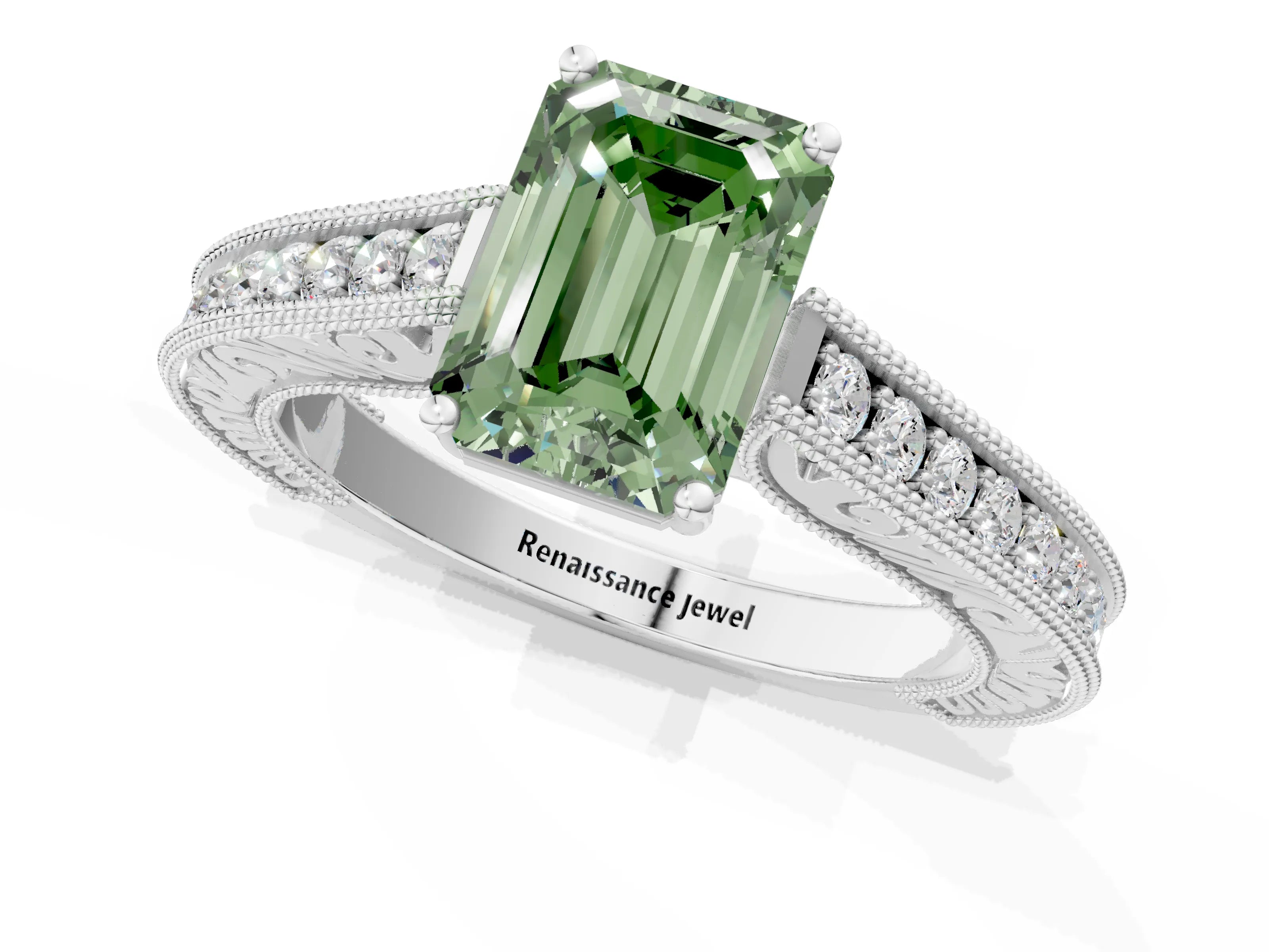White gold Fancy Green Emerald Cut Cut Pave Band Milgrain Solitaire Ring_1