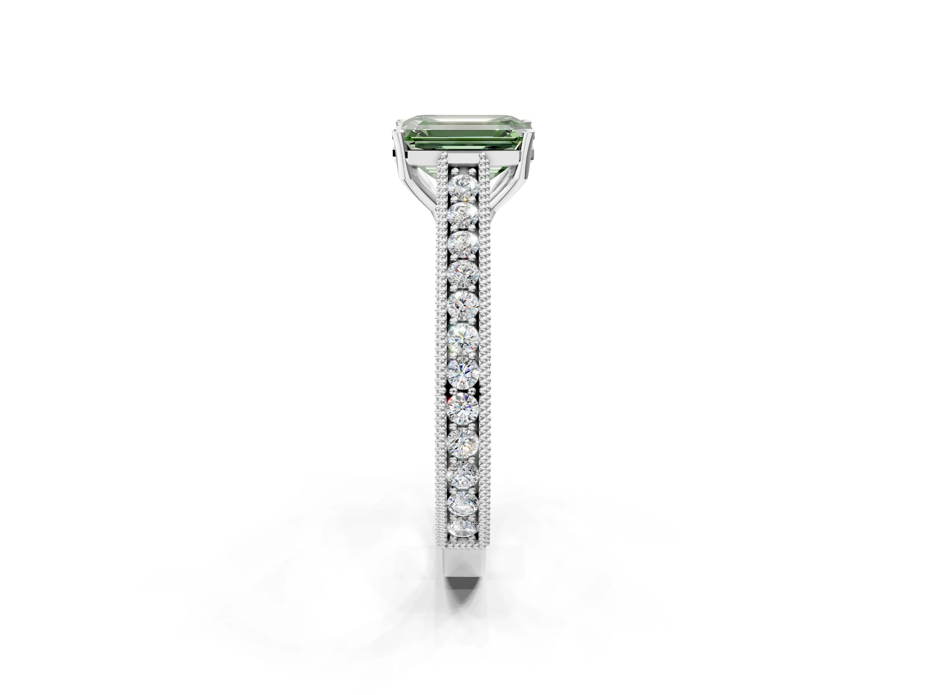 White gold Fancy Green Emerald Cut Cut Pave Band Milgrain Solitaire Ring_2