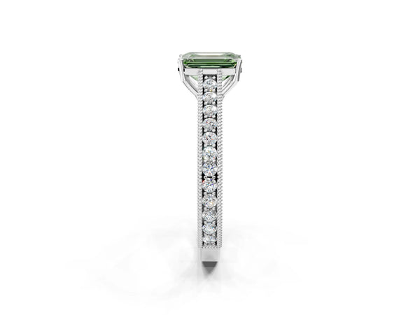 Platinum Emerald Cut Vintage Pave Engagement Ring Setting for Fancy Green Center