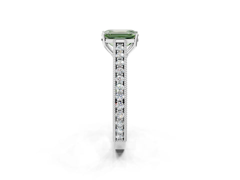 White gold Fancy Green Emerald Cut Cut Pave Band Milgrain Solitaire Ring_2