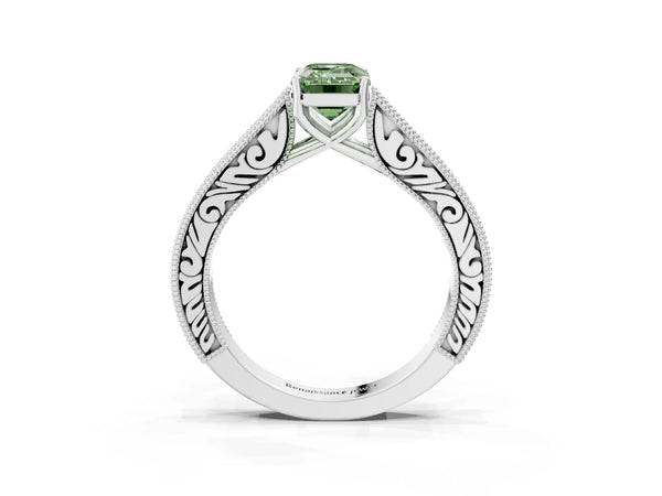 Platinum Emerald Cut Vintage Pave Engagement Ring Setting for Fancy Green Center