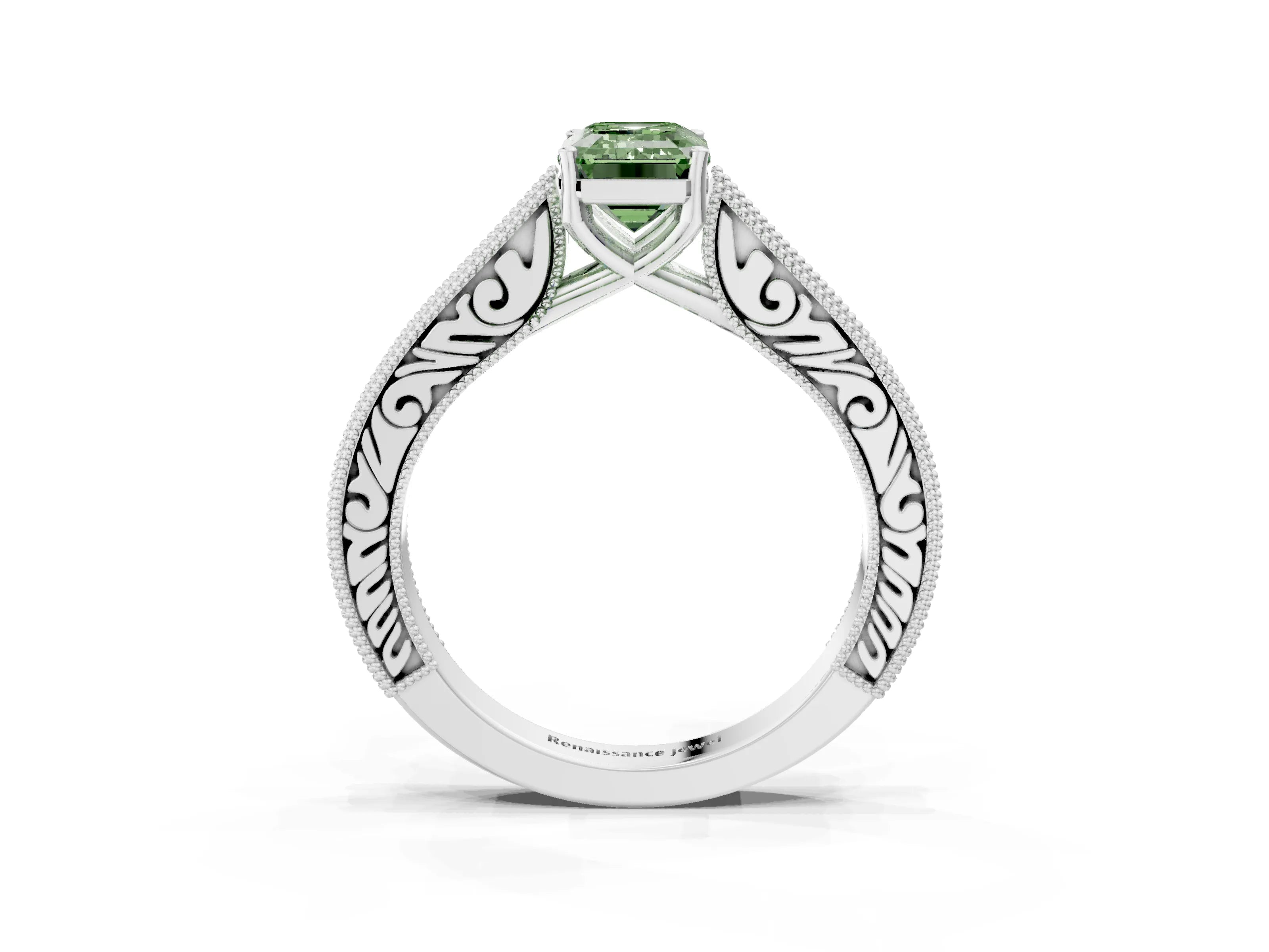 White gold Fancy Green Emerald Cut Cut Pave Band Milgrain Solitaire Ring_3
