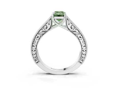 White gold Fancy Green Emerald Cut Cut Pave Band Milgrain Solitaire Ring_3