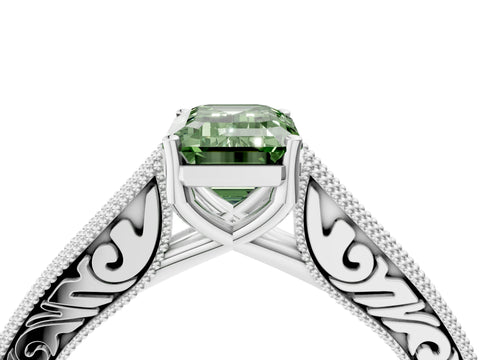 White gold Fancy Green Emerald Cut Cut Pave Band Milgrain Solitaire Ring_4