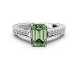 White gold Fancy Green Emerald Cut Cut Pave Band Milgrain Solitaire Ring