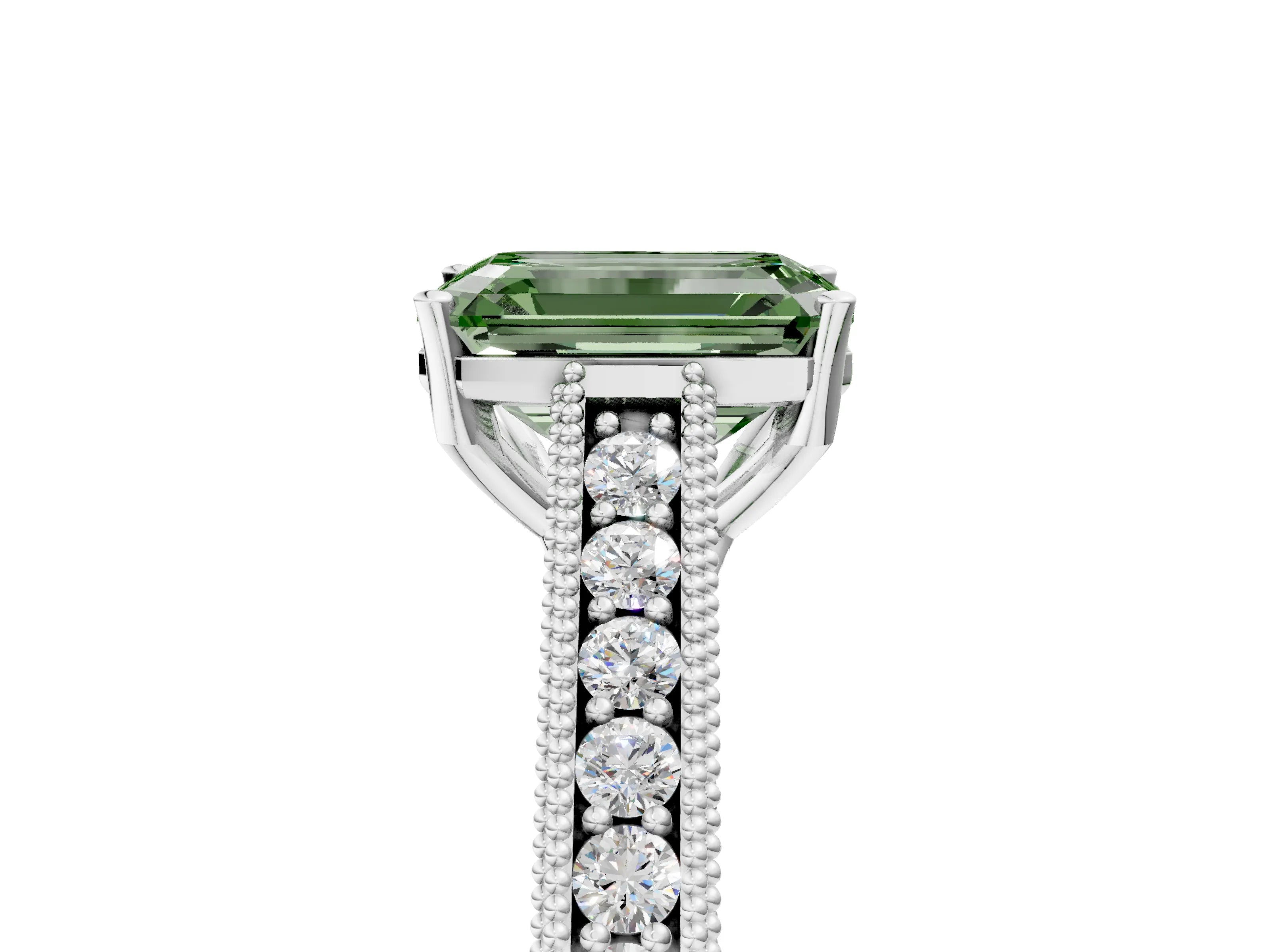 White gold Fancy Green Emerald Cut Cut Pave Band Milgrain Solitaire Ring_5