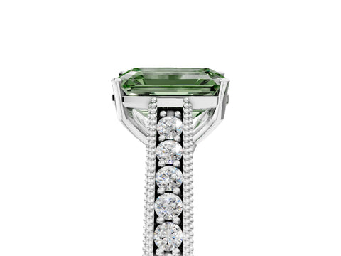 White gold Fancy Green Emerald Cut Cut Pave Band Milgrain Solitaire Ring_5