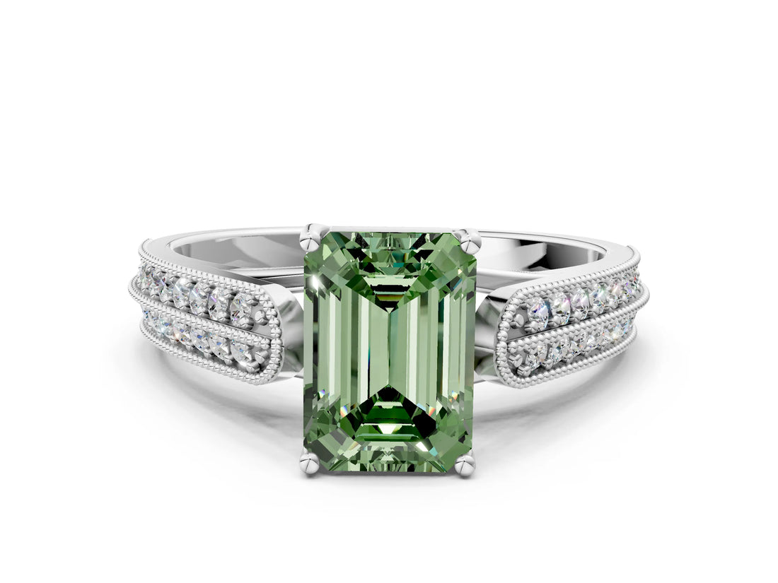 White gold Fancy Green Emerald Cut Cut Pave Split Shank Engagement Ring with Four-Prong Setting_12